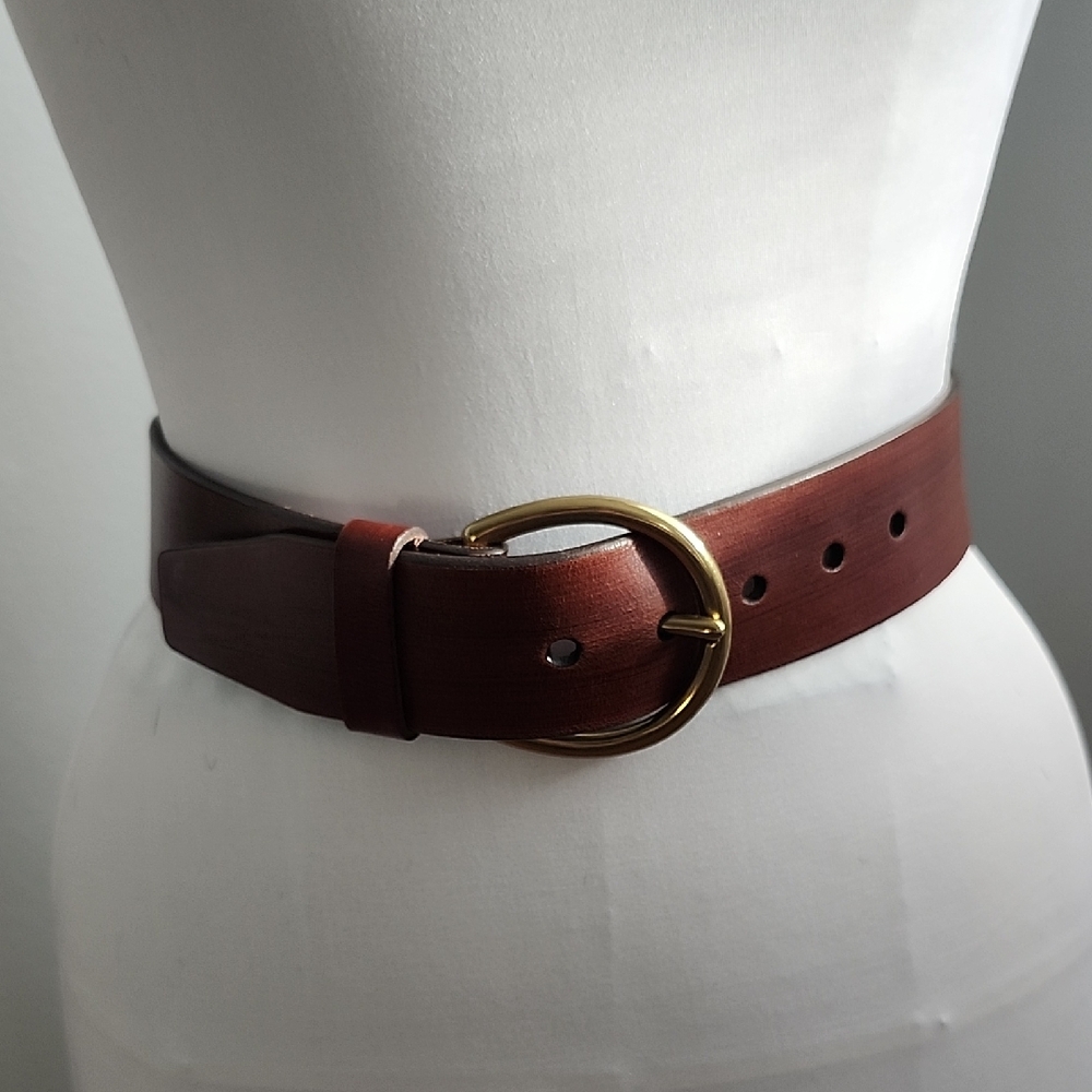 Classic Brown Leather Belt with Gold Buckle - Women